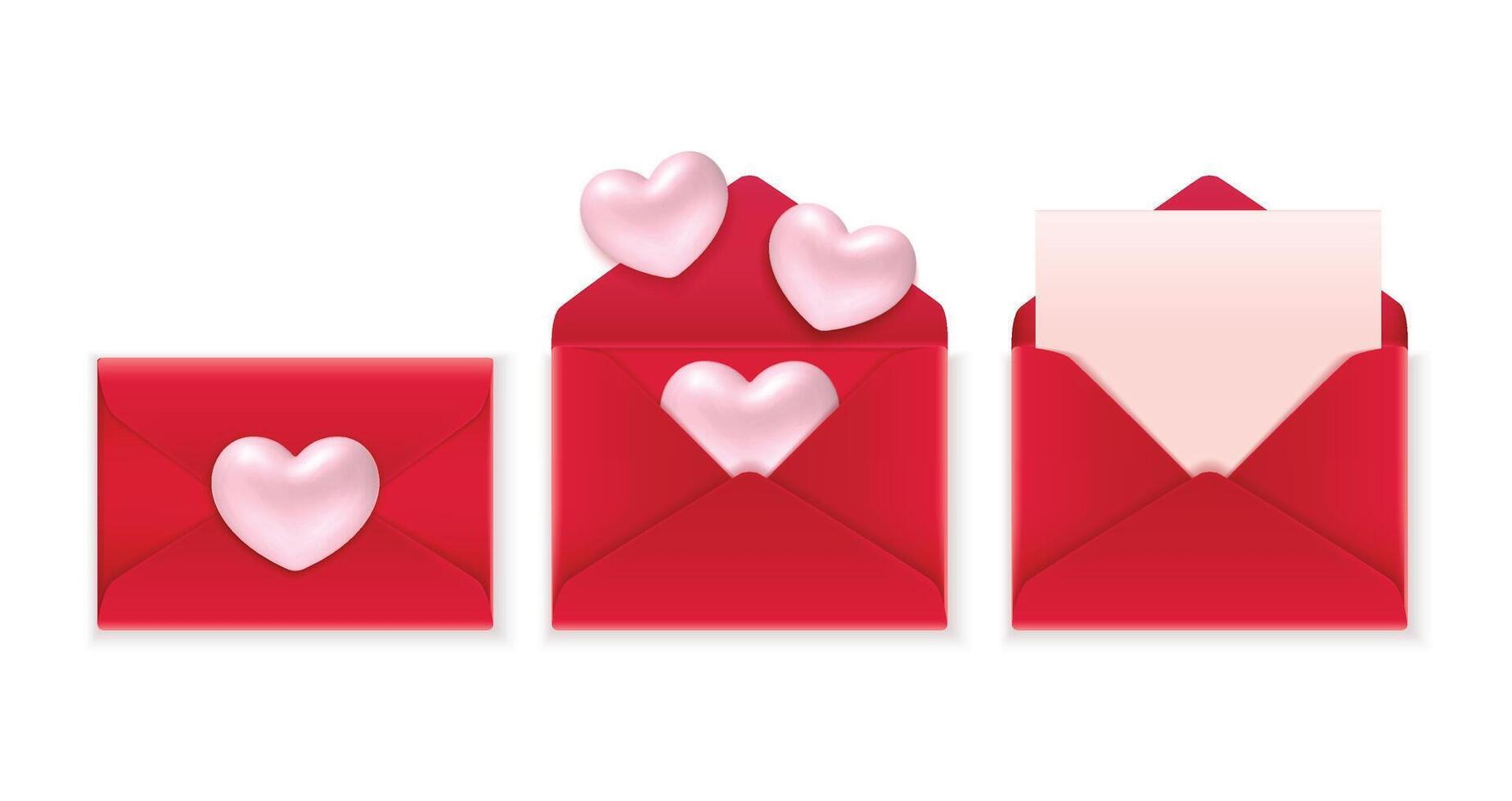 Set of red envelopes with 3D hearts vector