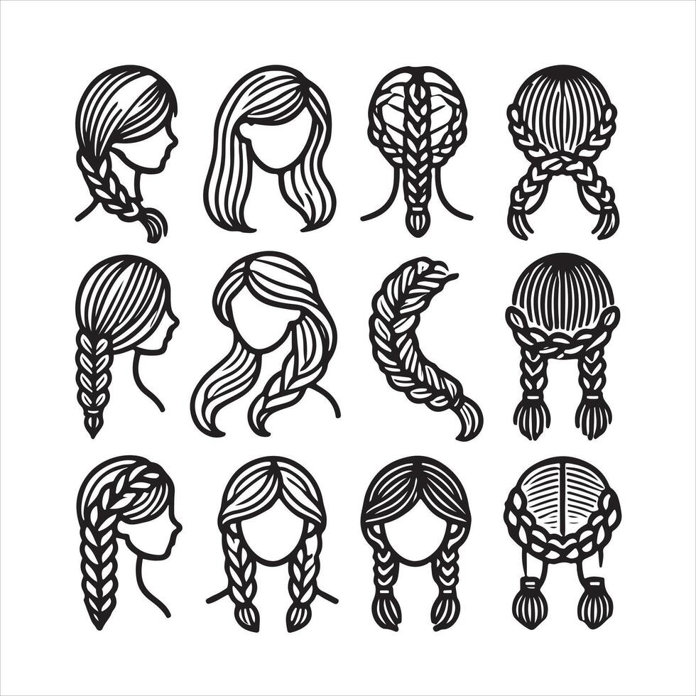 Thin line Hair braided icon set silhouette on white background vector