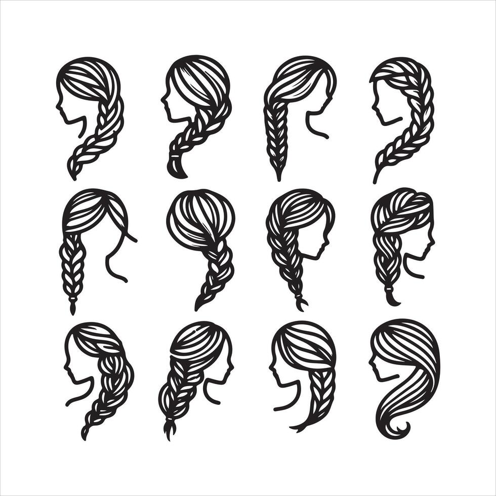 Thin line Hair braided icon set black silhouette on white background vector