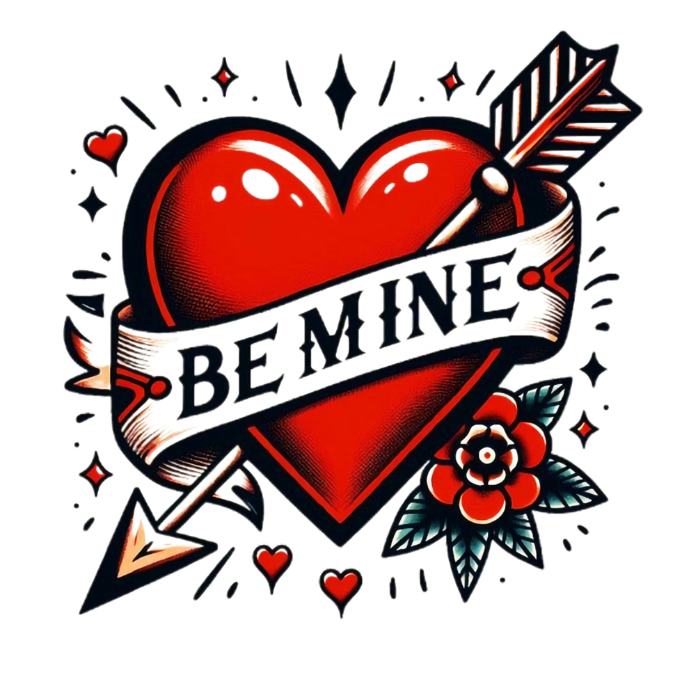 Tattoo-style heart bold red pierced by arrow be mine banner png
