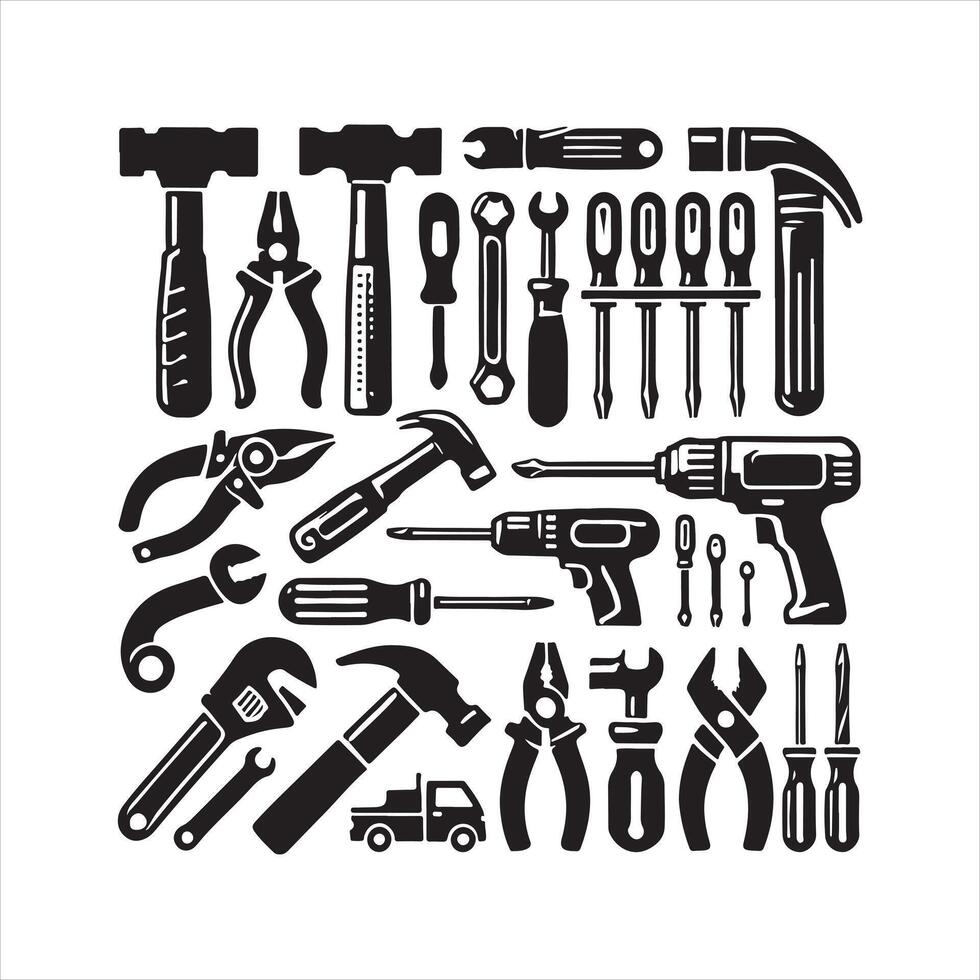 A collection of essential hand tool icons including hammers screwdrivers and wrenches Logo silhouette on white background vector