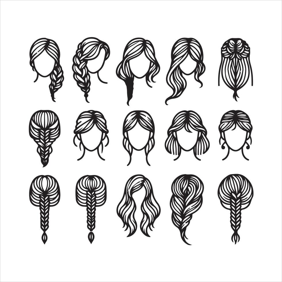 Thin line Hair braided icon set silhouette white background vector