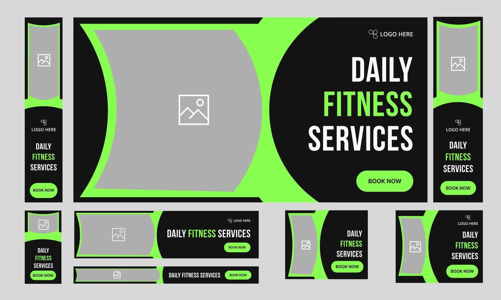 Trendy body fitness services web bundle banner design for social media post, daily exercise methods web set banner design, fully customizable eps 10 file format vector