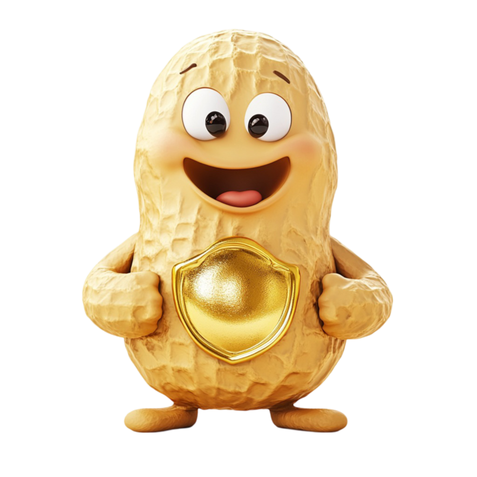 Cute Cartoon Peanut Character with a Golden Shell and Happy Expression png