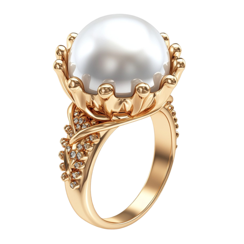 Elegant Gold Ring with a Large Pearl and Decorative Design png
