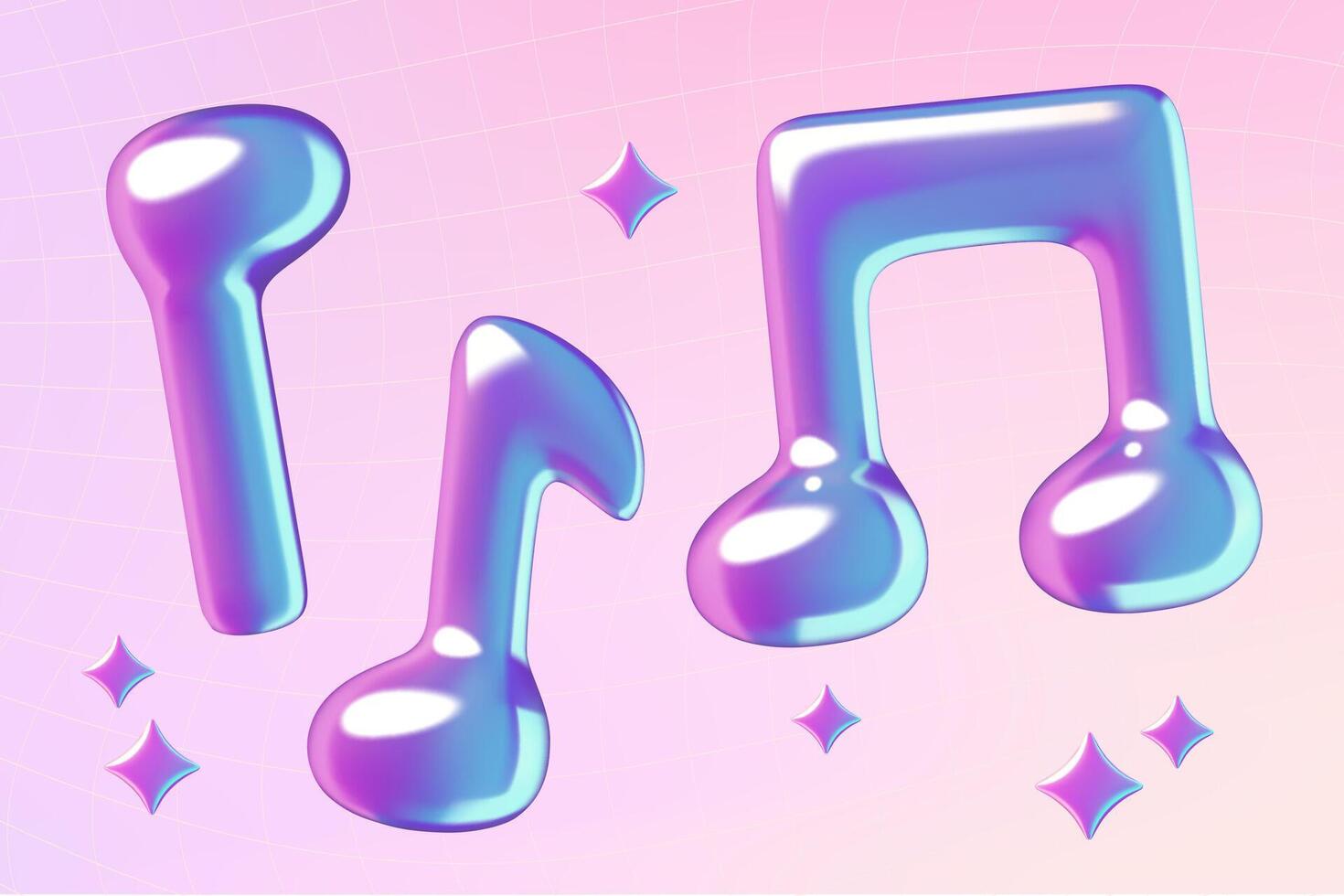 Purple music melody notes holographic 3d icons y2k gradient background vector