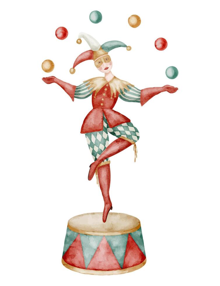 Watercolor illustration of Circus Jester performing on a Pedestal. Drawing of Clown Juggles colorful balls for Carnival festival. Art of Performer for Spectacle design or childish cards. vector