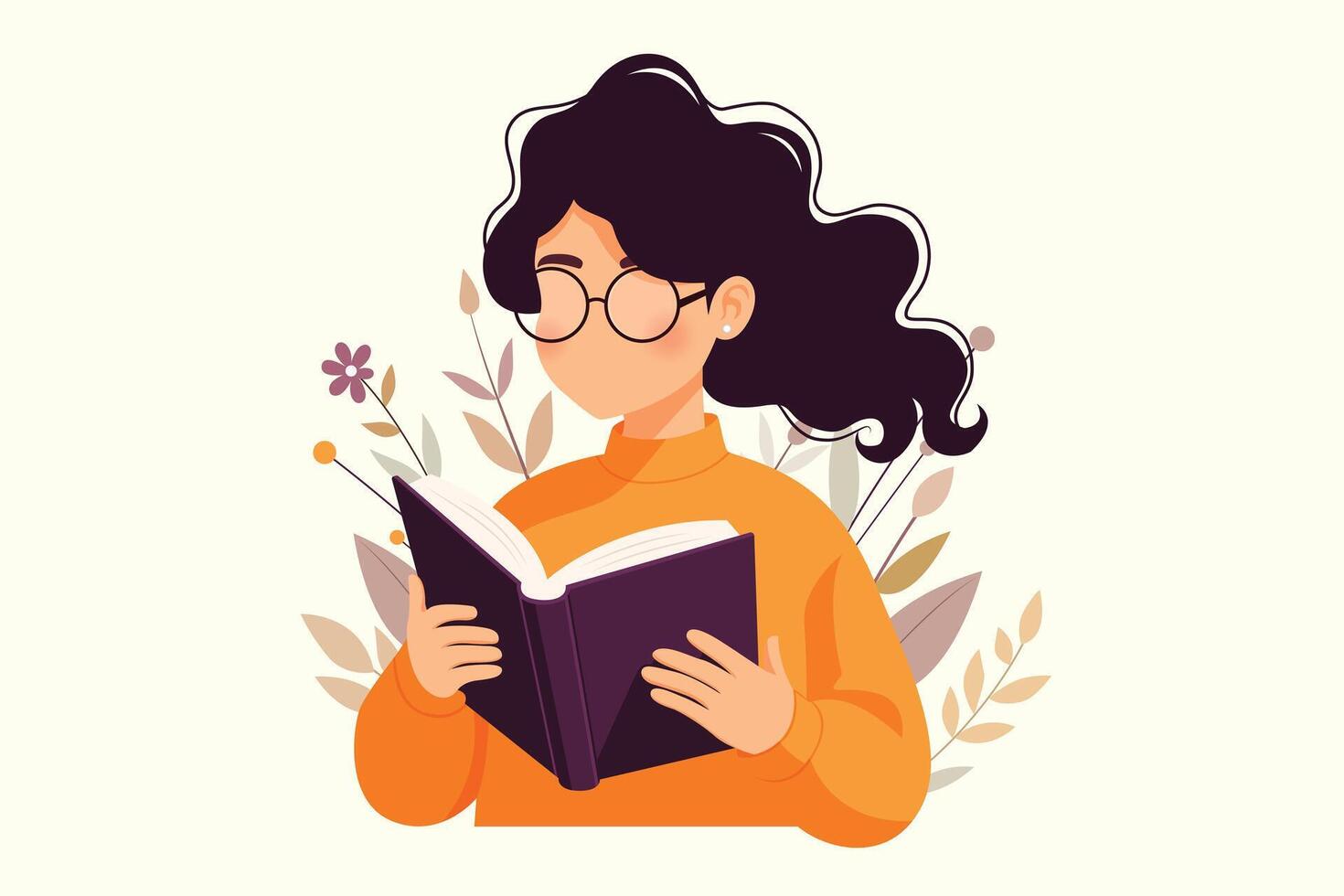 illustration of Girl with open book in her hands. Concept illustration of earning, distance studying and self education. Young woman student character vector
