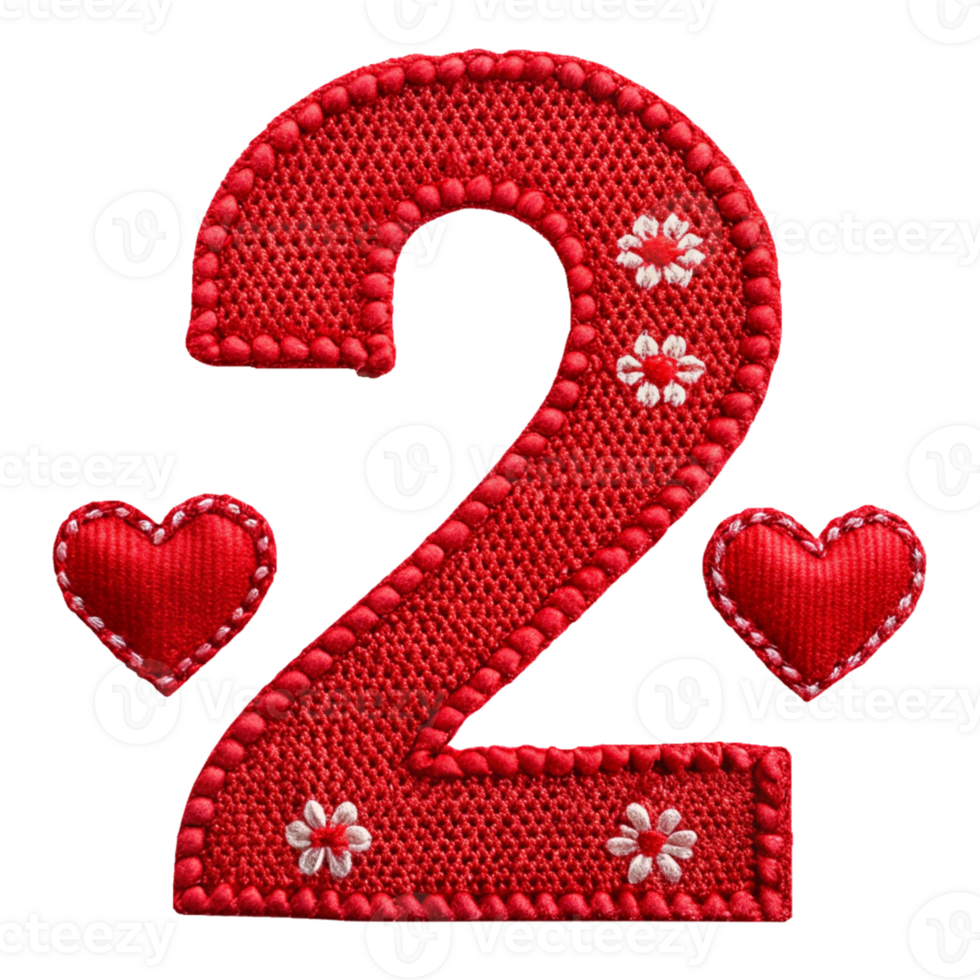 The number two is embroidered with hearts and flowers png