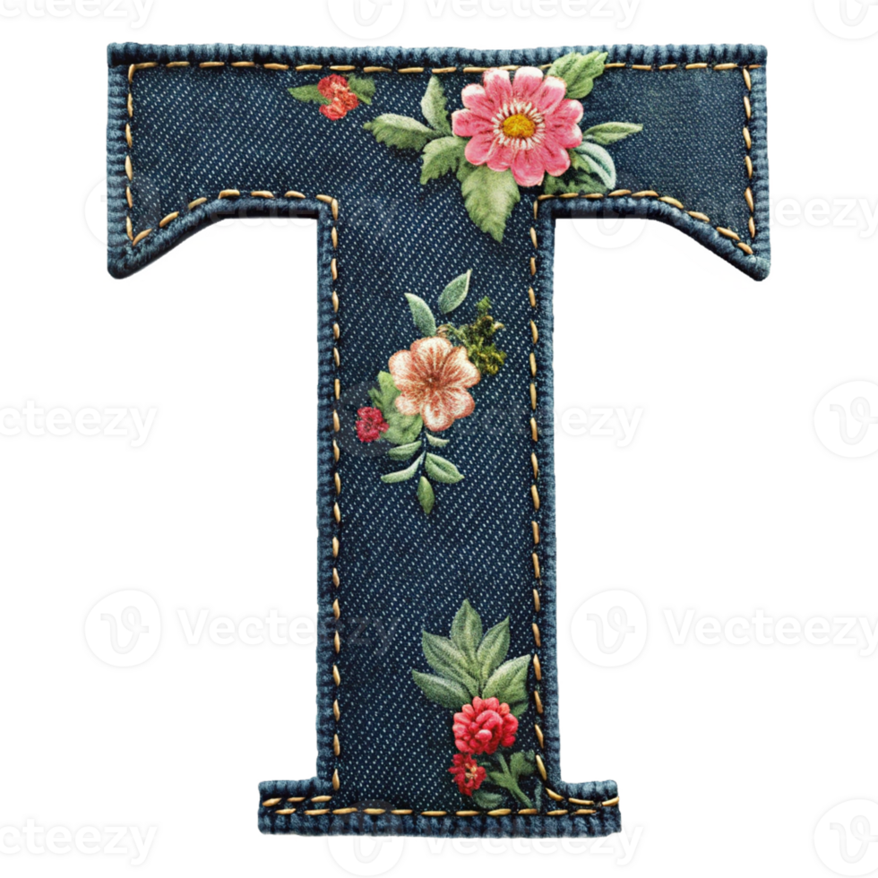 A denim letter t with flowers and leaves png
