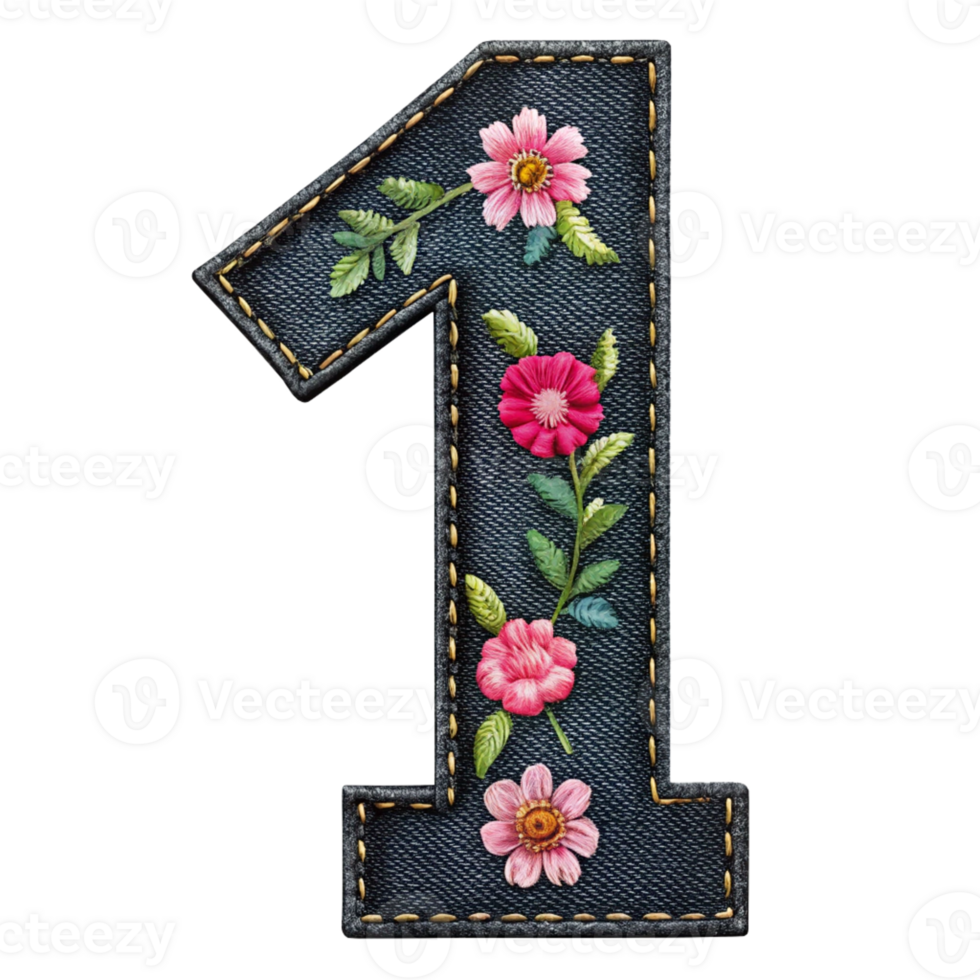 Floral Denim in the shape of number one isolated on transparent background png