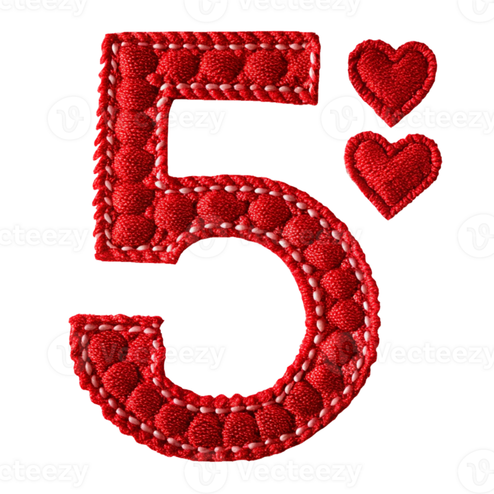 The number five is made of red felt and has hearts on it png
