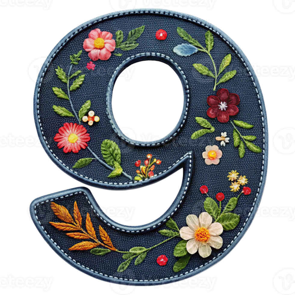 Floral Denim in the shape of number nine on transparent background png