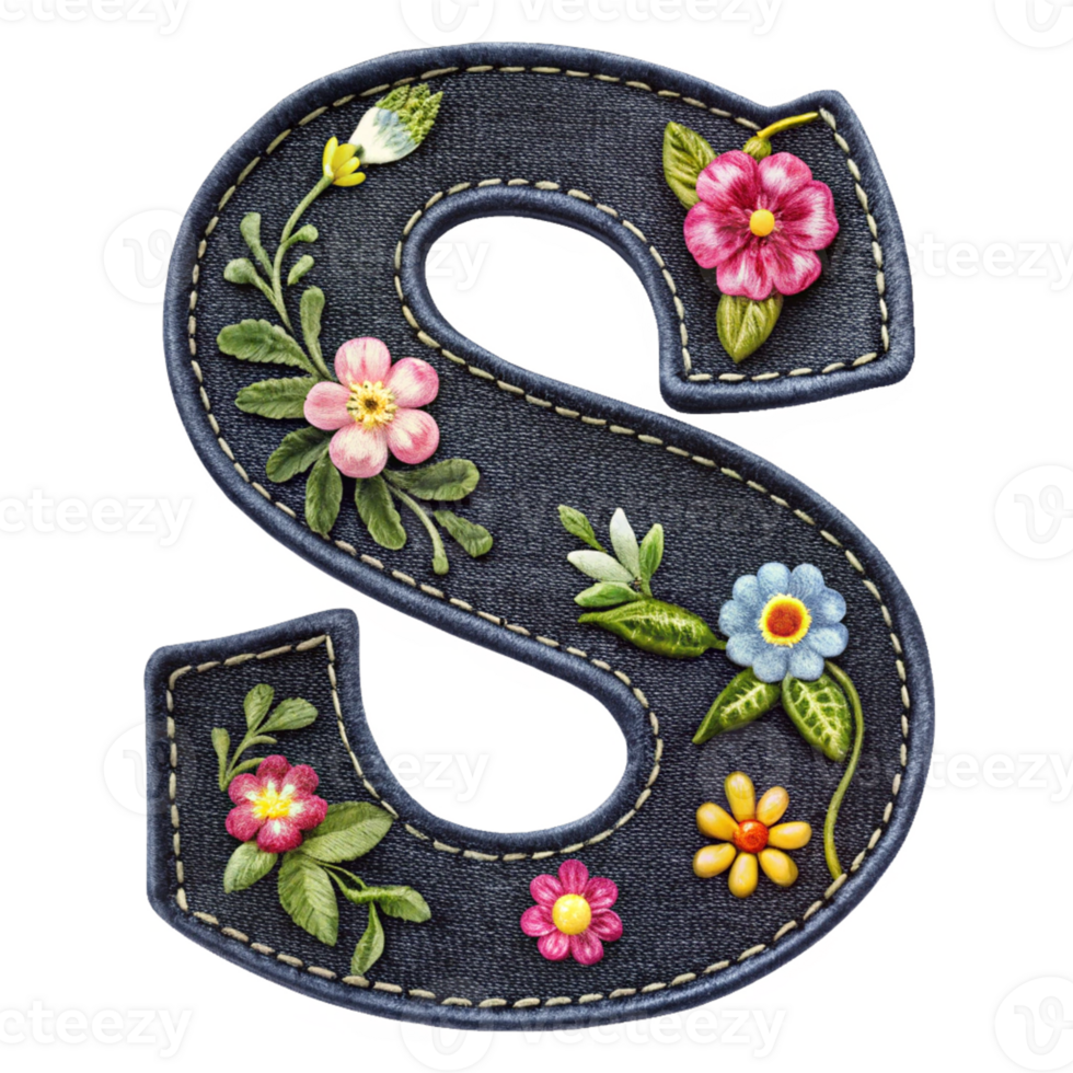 Embroidered letter s with flowers and leaves png
