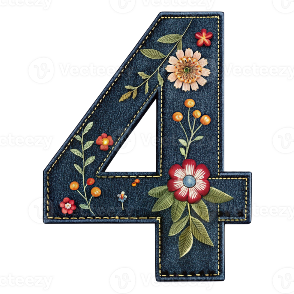 Floral Denim in the shape of number four on transparent background png