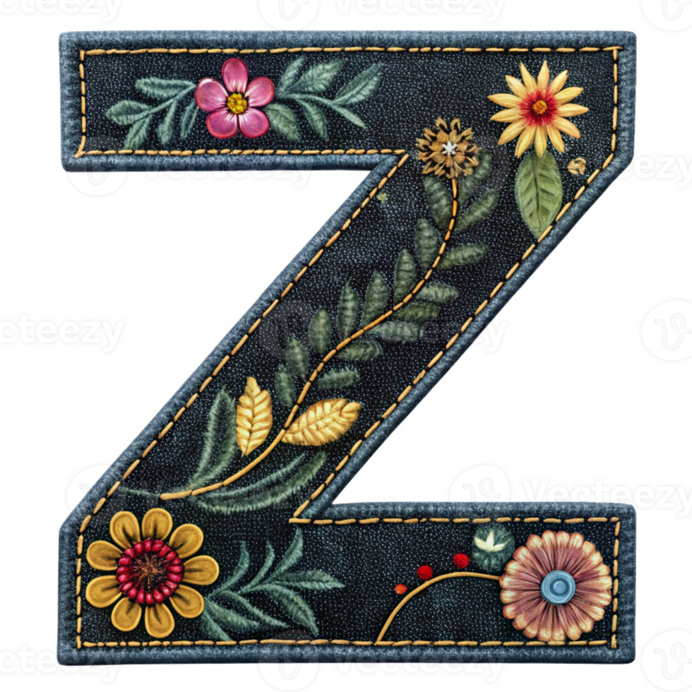 Embroidered letter z with flowers and leaves png