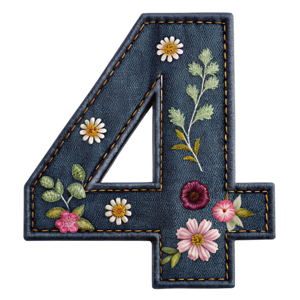Floral Denim in the shape of number four isolated on transparent background png