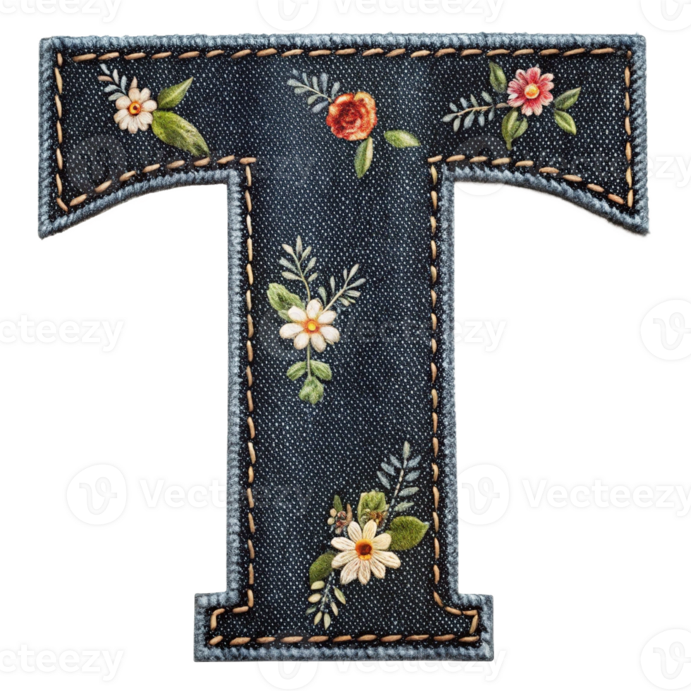 The letter t is embroidered with flowers and leaves png