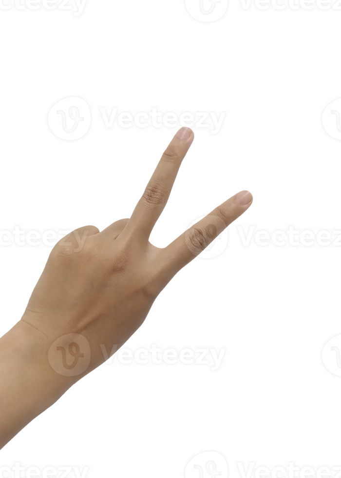 Close up Asian female hand in scissors gesture, number two victorious gesture sign finger arm and hand isolated copy space symbol png