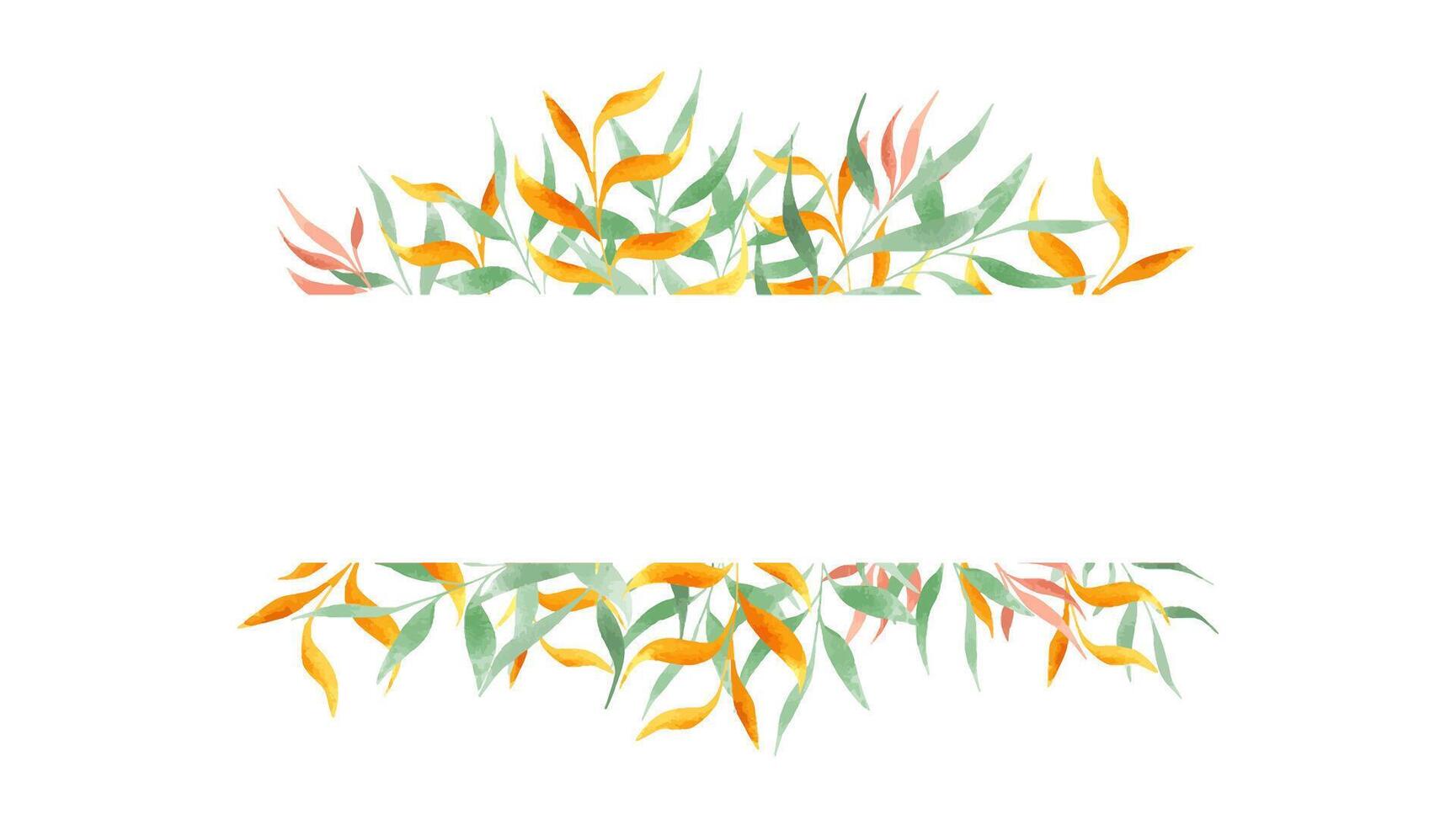 Watercolor naive green, orange leaves horizontal border isolated background. Holiday foliage illustration with copy space for text. Summer floral frame for greetings, kid birthday invitation vector
