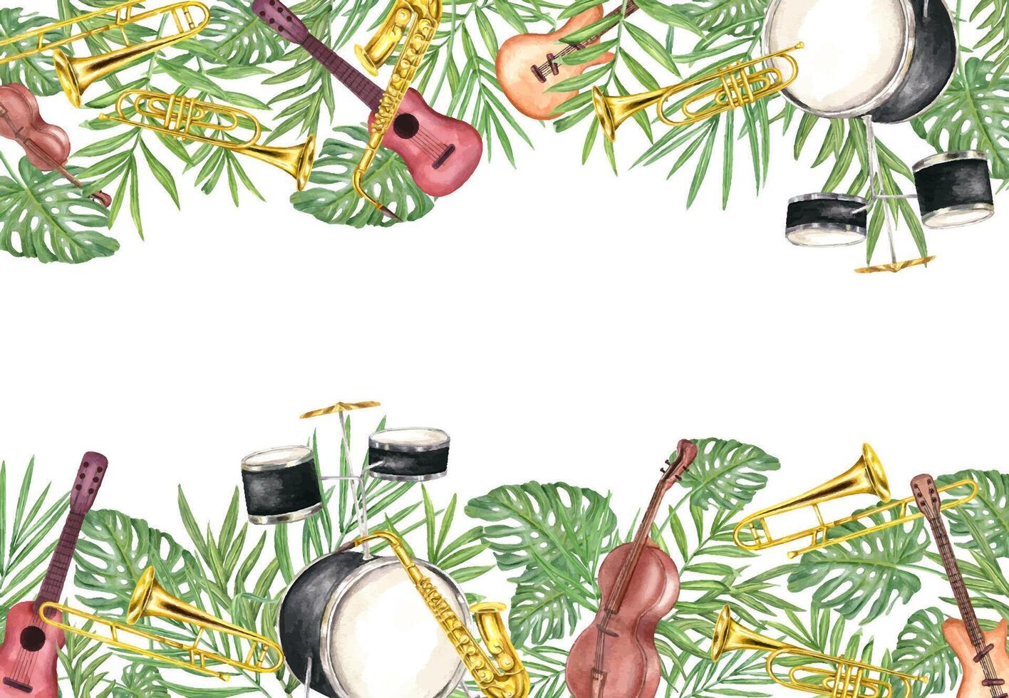 Watercolor percussion, string and wind musical instruments among palm, monstera plants horizontal frame. Saxophone, trombone, trumpet, guitar, contrabass, drum kit with tropical green leaves vector