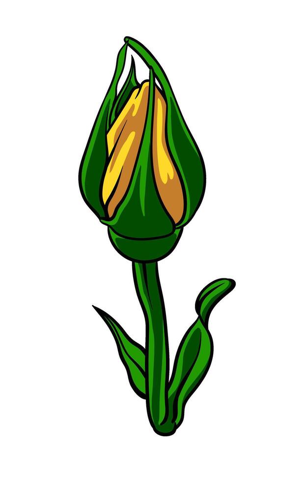 yellow rose bud on stem in minimalist style, rose flower image on white background, simplified close-up drawing, for logo or tattoo vector