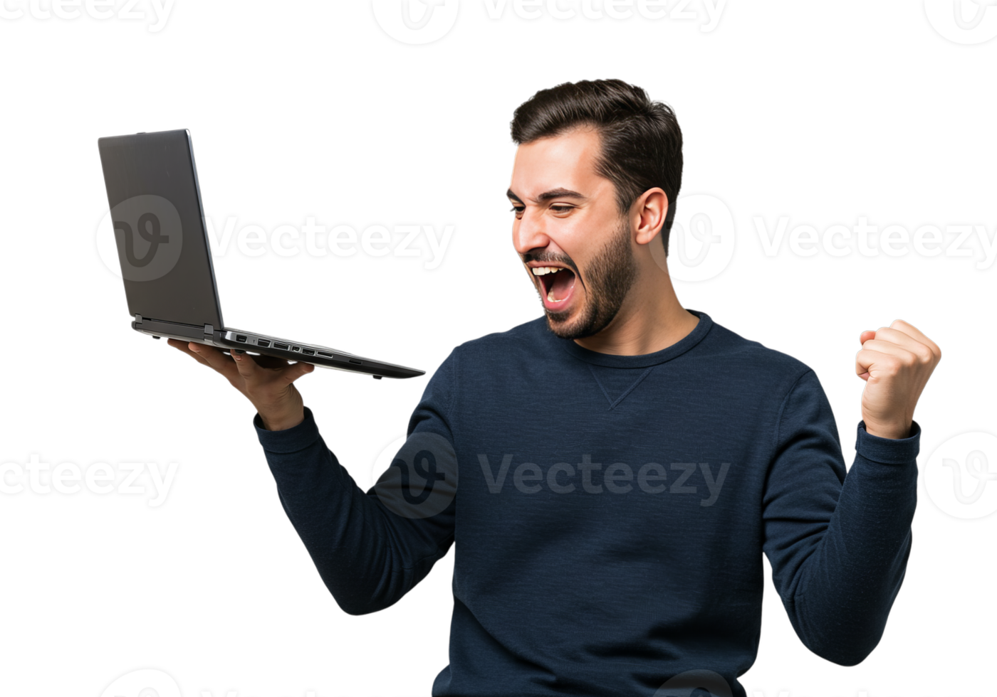 A young man joyfully reacts to a laptop screen victory achieving online success Use this image for blog posts about online wins png