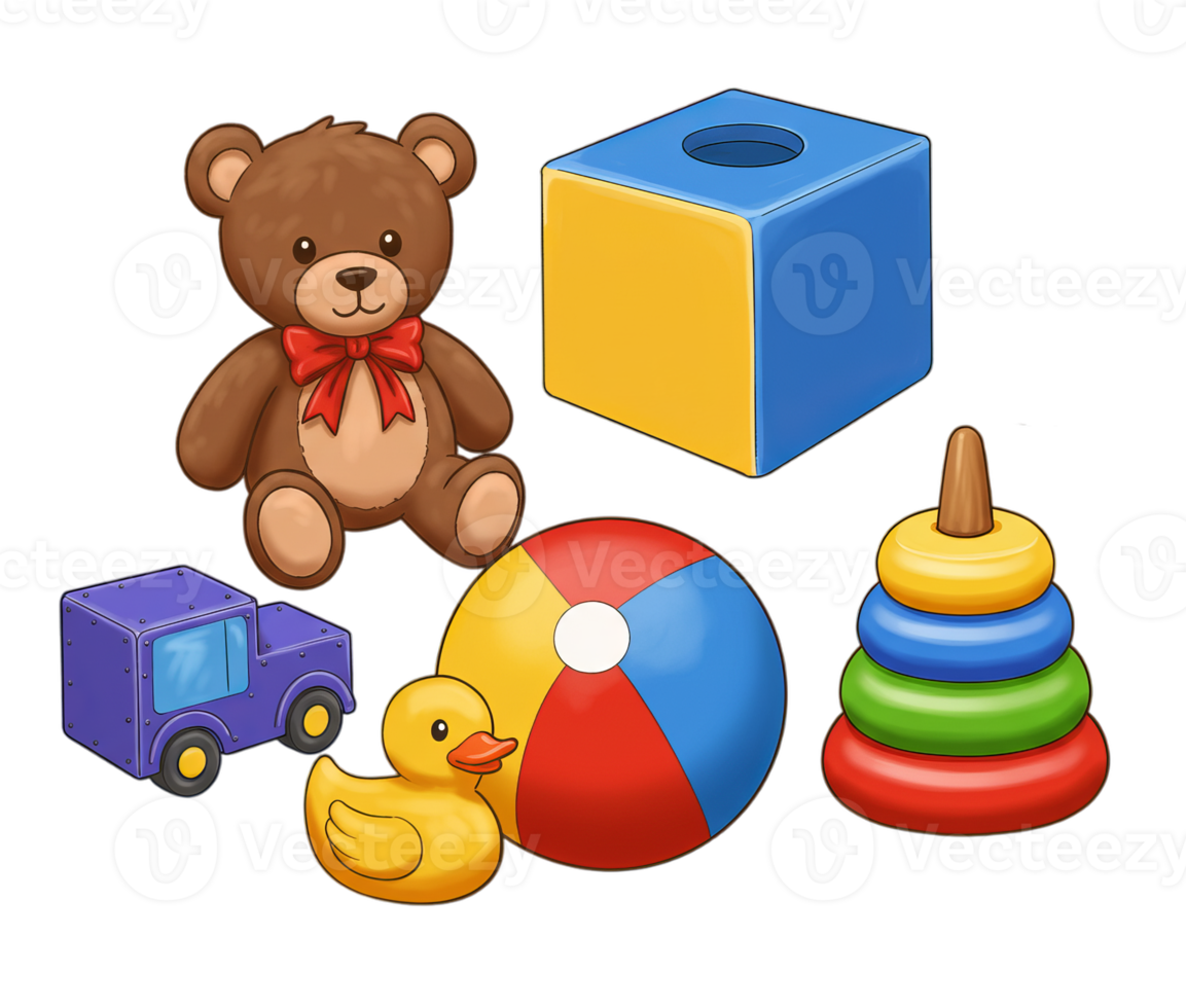 Cute illustration of a teddy bear beach ball stacking toy and rubber duck perfect for children's books websites and nursery decorations png