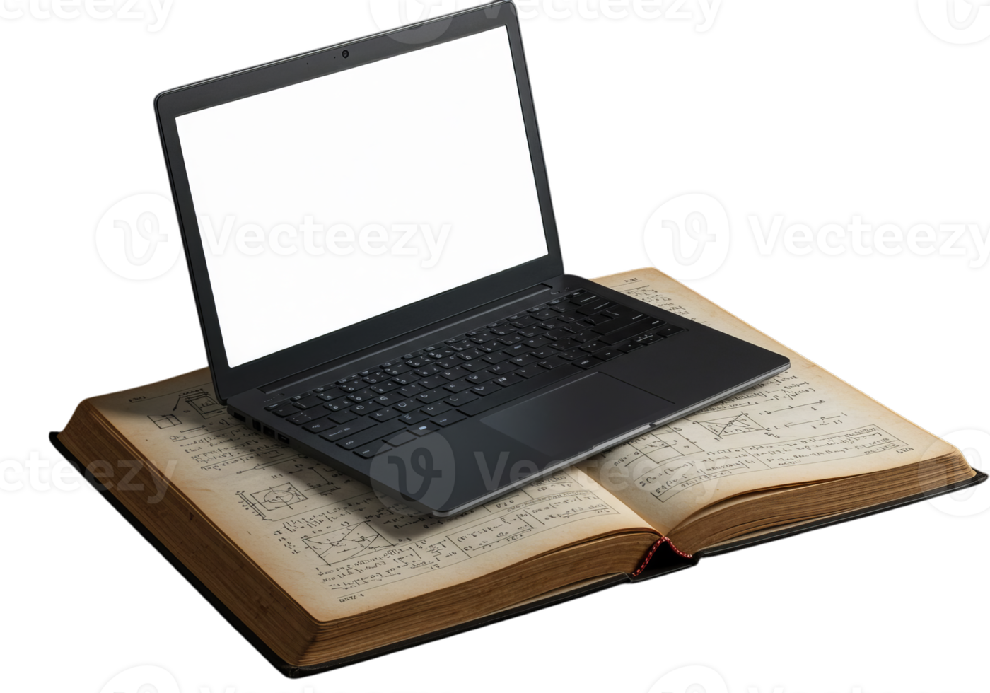 A modern laptop rests on an antique book showcasing a blend of old and new Perfect for education technology and history websites png