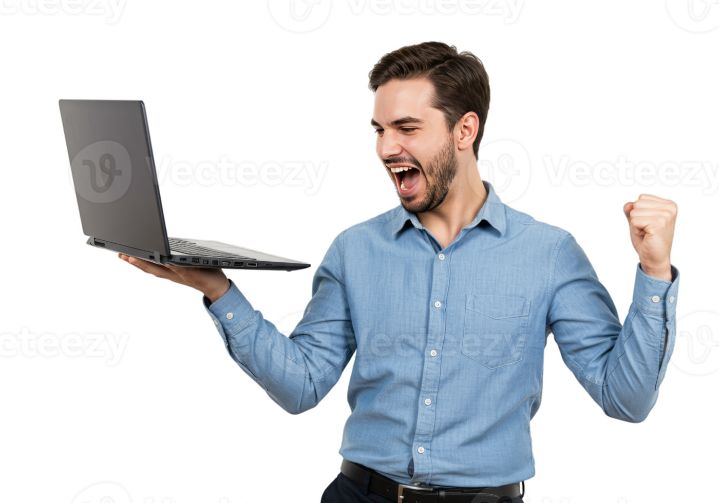 A joyful man celebrates a laptop screen success with a raised fist Perfect for illustrating online business wins or achieving goals png
