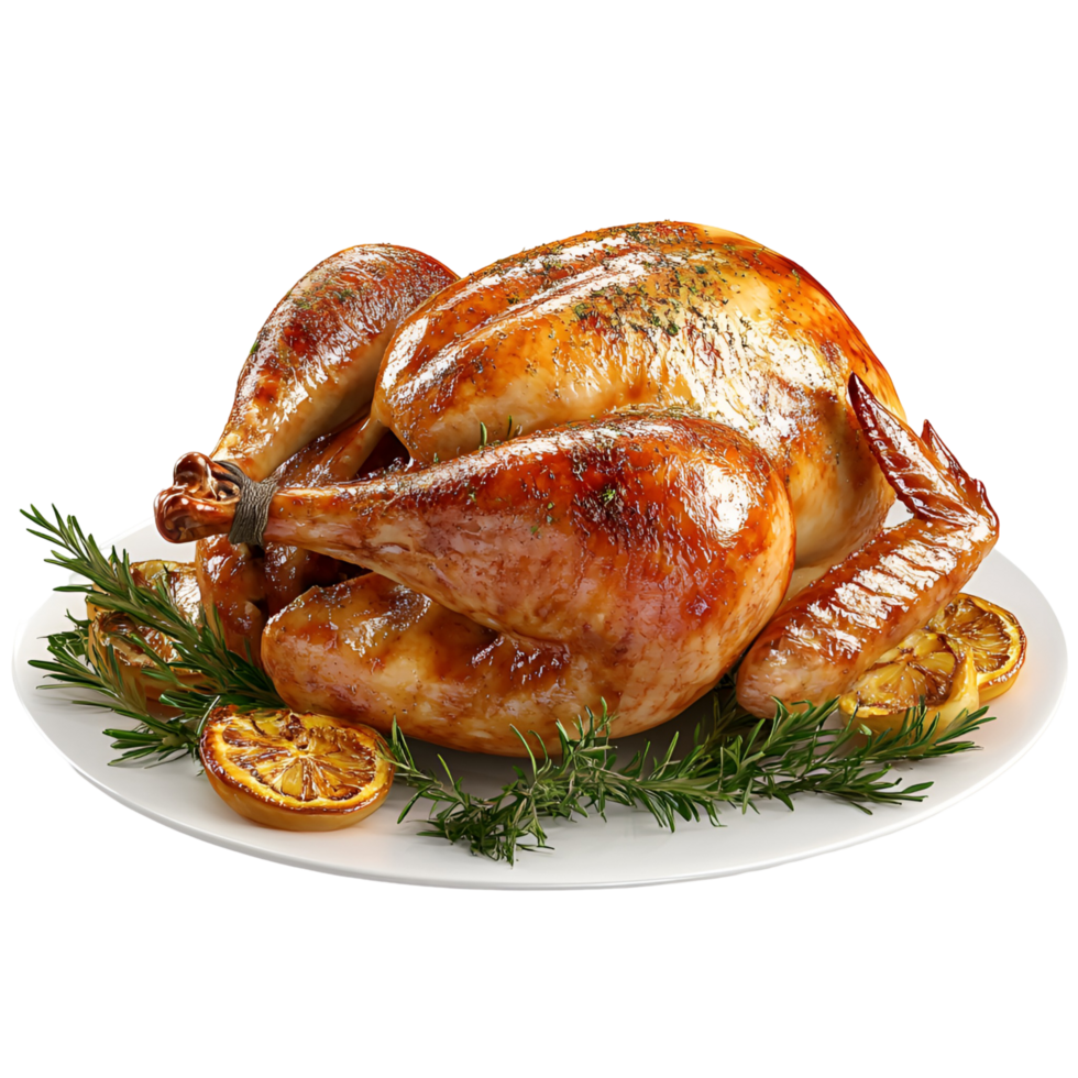 a turkey is on a plate with rosemary and orange slices transparent background png