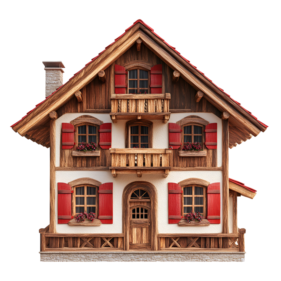 a small house with red shutters and wooden windo transparent background png