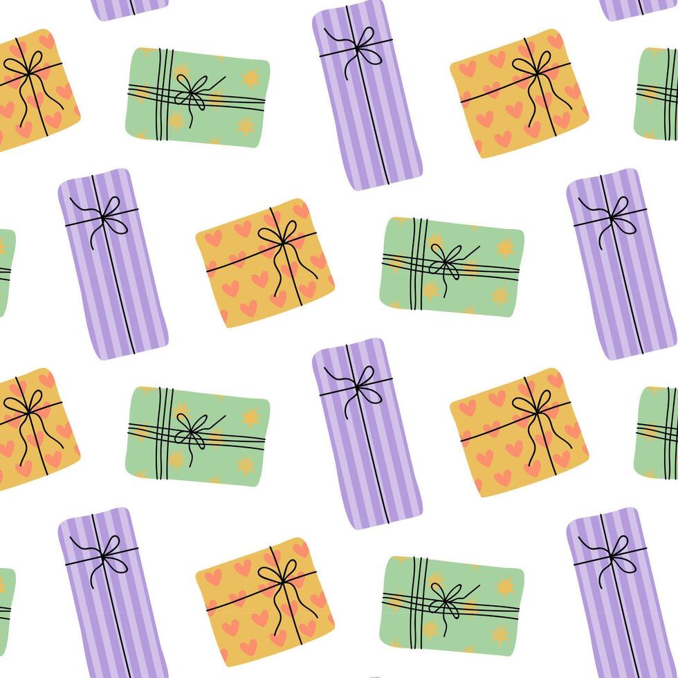 Colorful gift wrapping paper design featuring various present styles on a white background vector