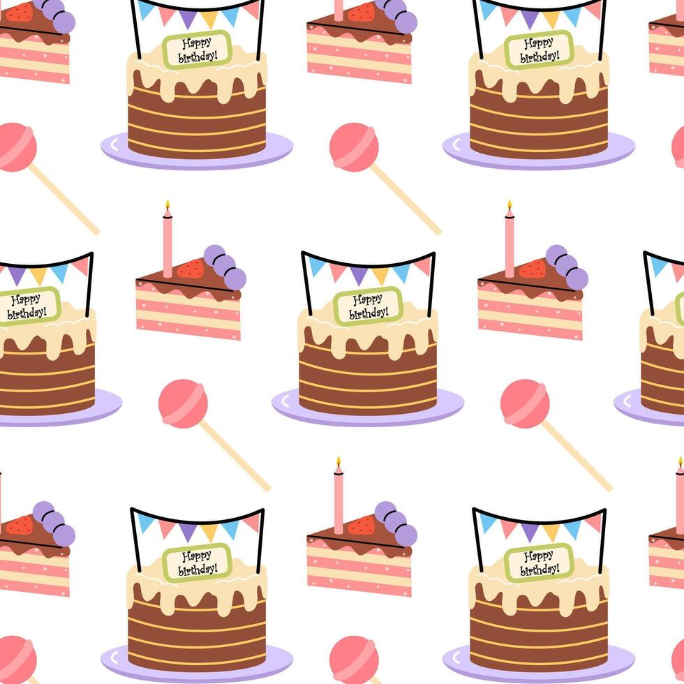 Celebration with colorful birthday cakes, sweets, and party decorations in cheerful design vector
