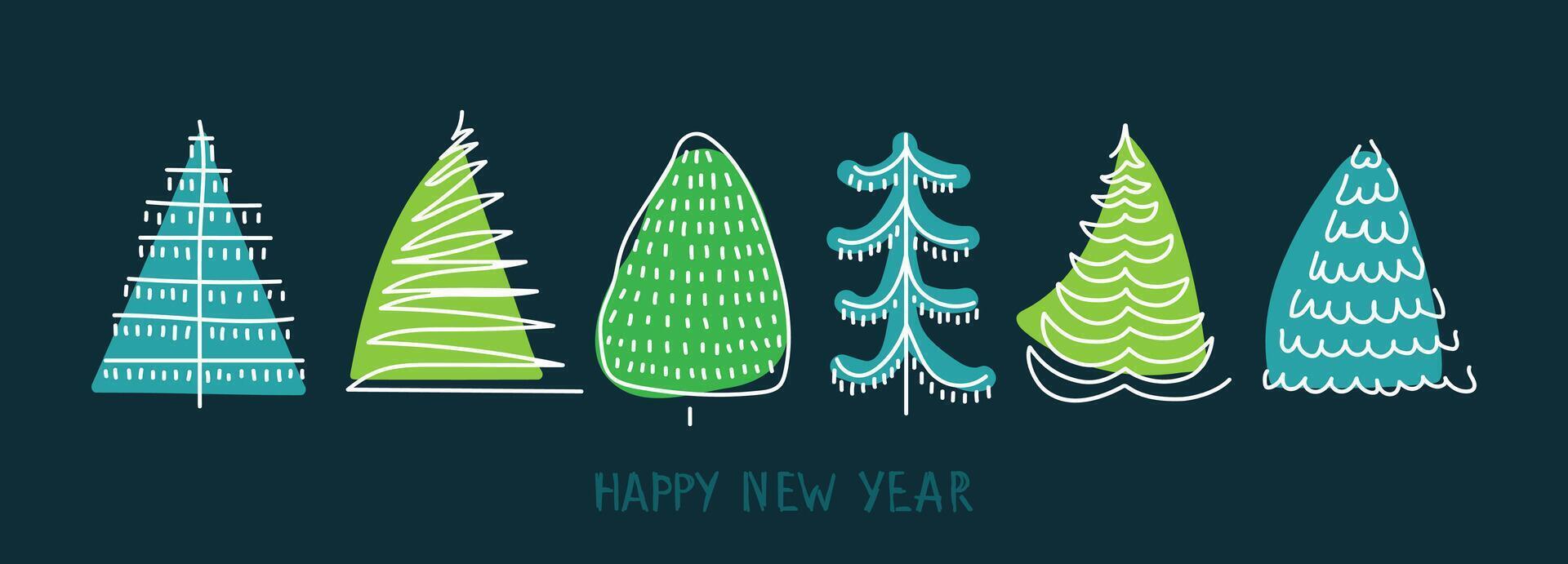 Unique hand-drawn style of festive trees celebrating the New Year in a vibrant illustration vector