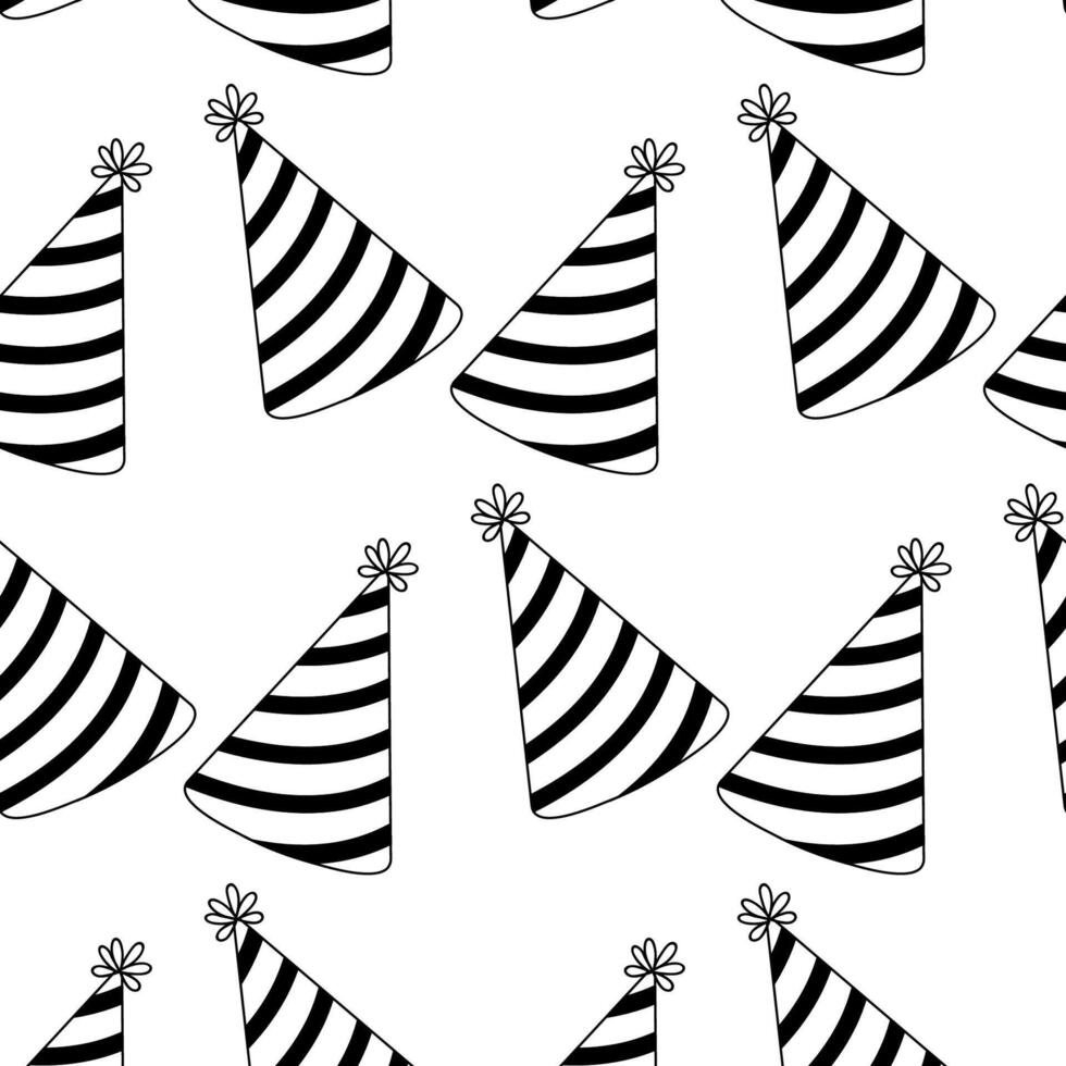 Pattern of black and white party hats covering a white background for festive occasions vector