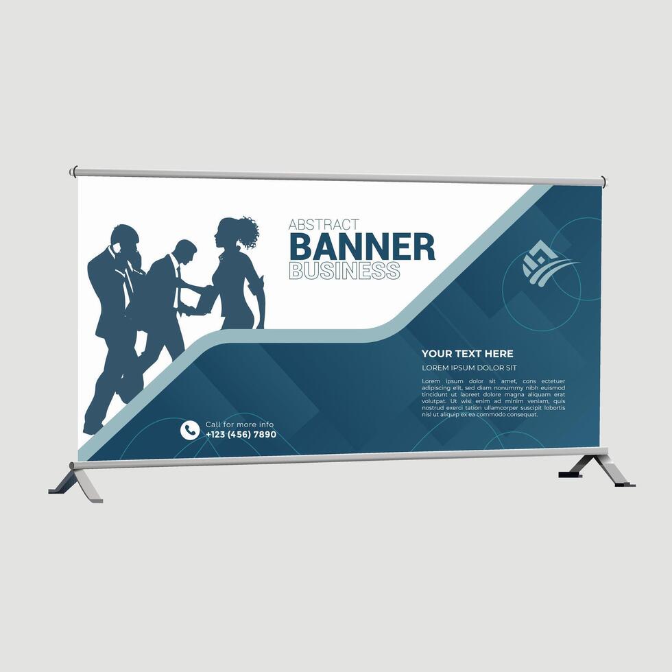 a banner stand with a blue background and people silhouettes vector