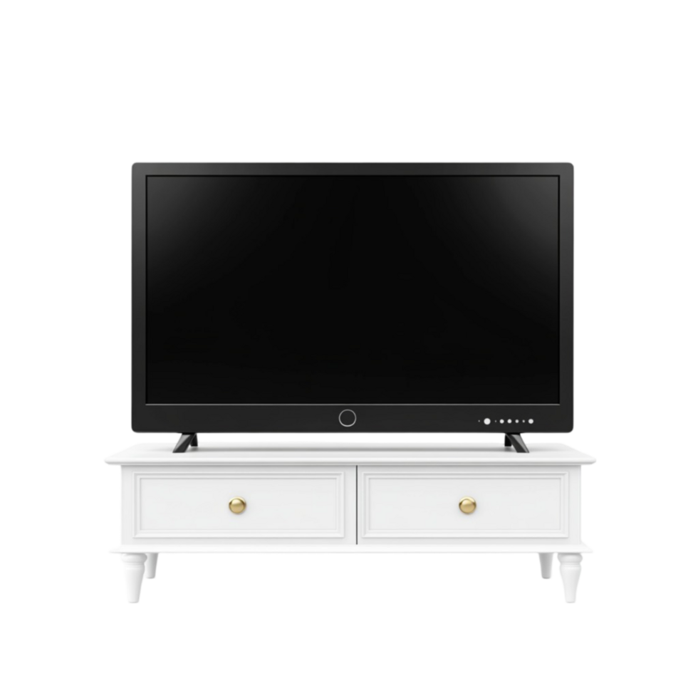 A white television stand with drawers and a flat screen png
