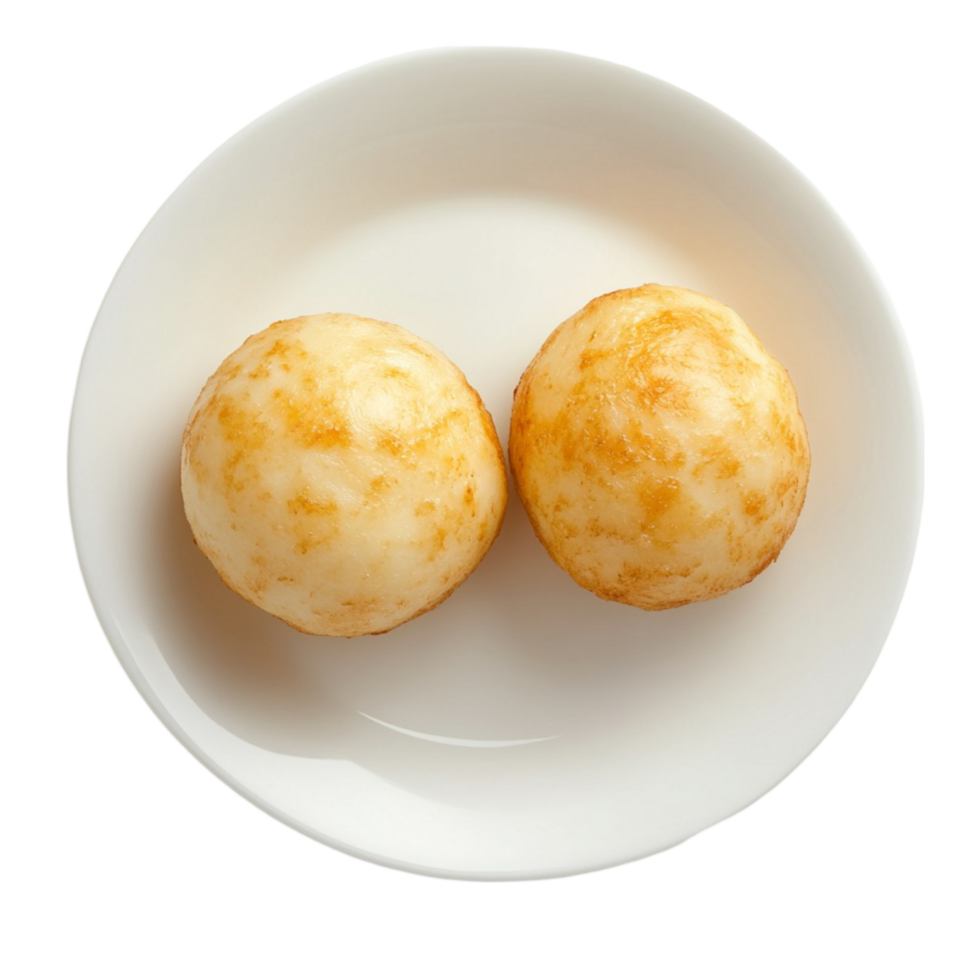 Two fried balls of dough sit on a white plate png