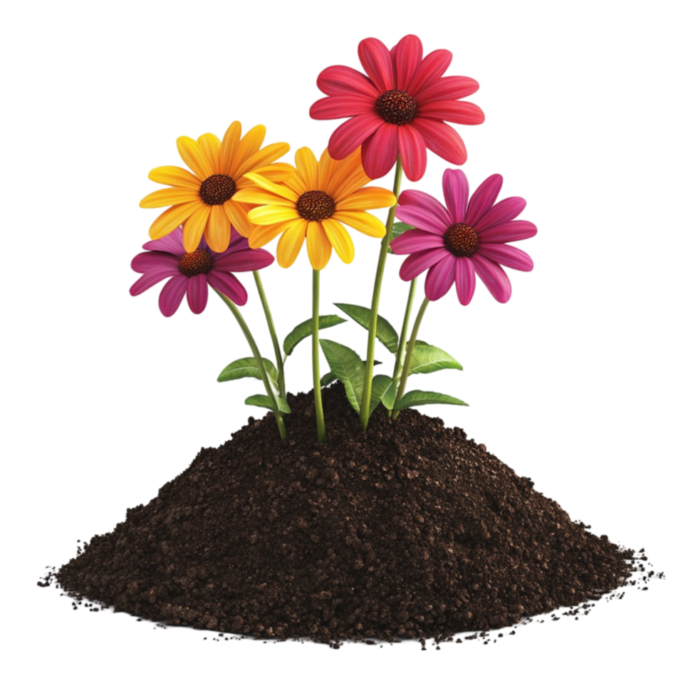 A pile of dirt with colorful flowers png