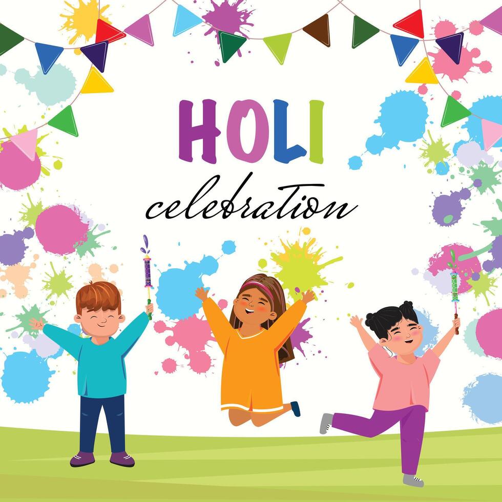 Colorful Holi celebration illustration with kids playing, jumping, and enjoying with pichkaris and bright powders vector
