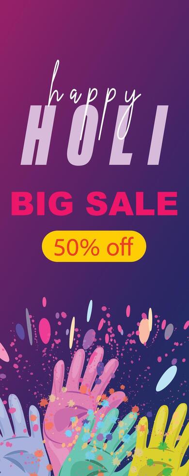 Holi sale flyer with multicolored hands throwing powdered colors, liquid splashes, and decorative elements on a festive purple background vector
