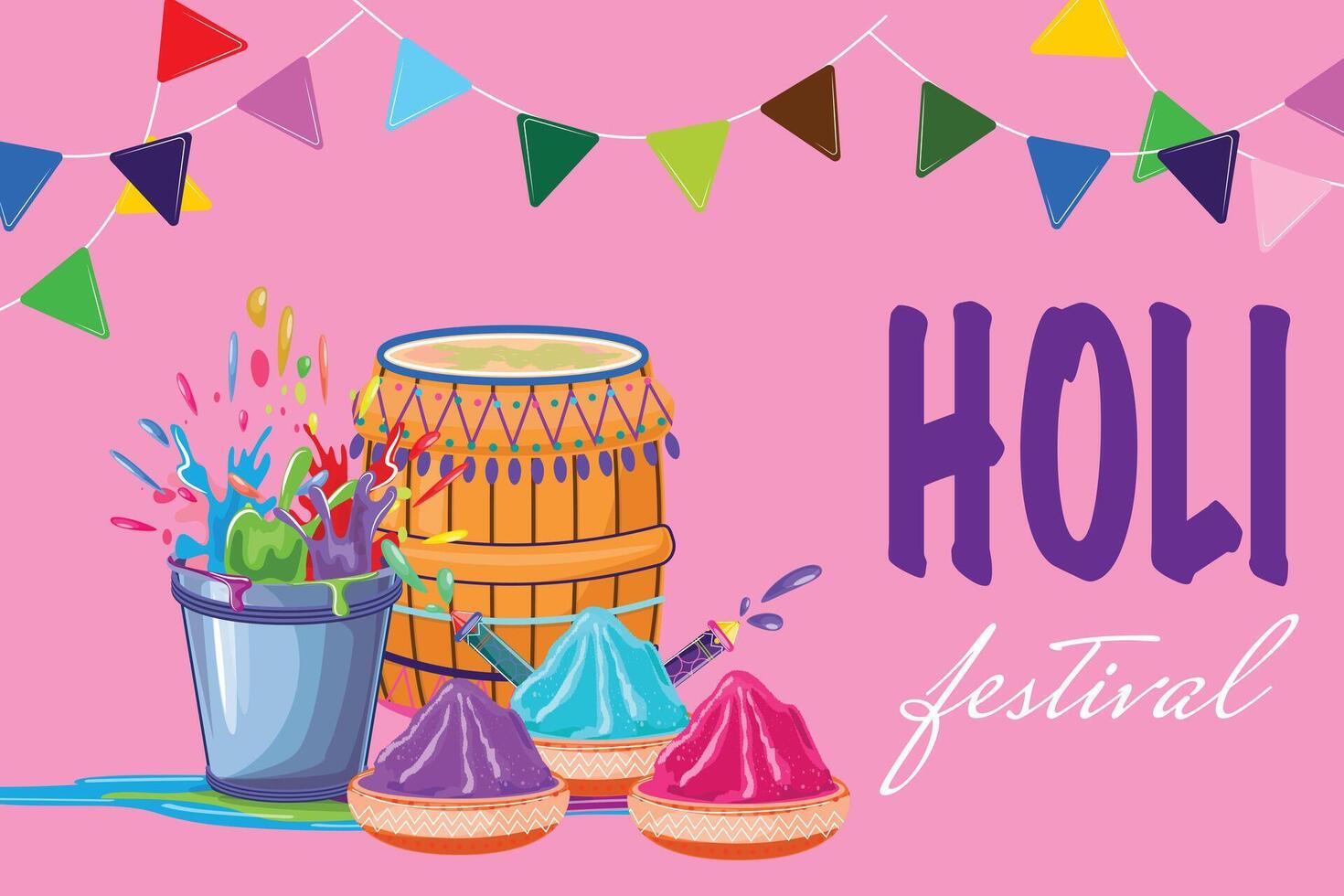 Pink horizontal Holi banner featuring a traditional drum, bucket splashing colors, and a decorative garland vector