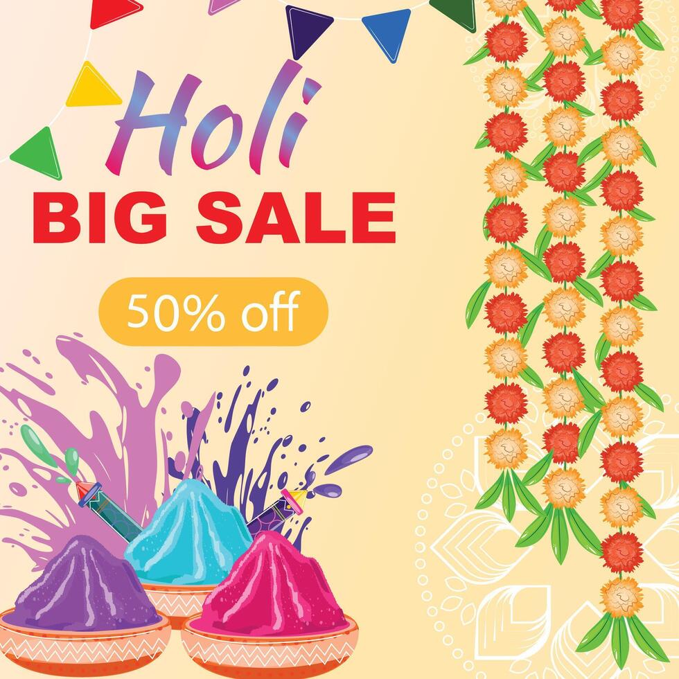 Bright Holi big sale illustration featuring traditional elements like pichkari, colored powder, splashing liquid, decorative floral elements, and festive garlands vector