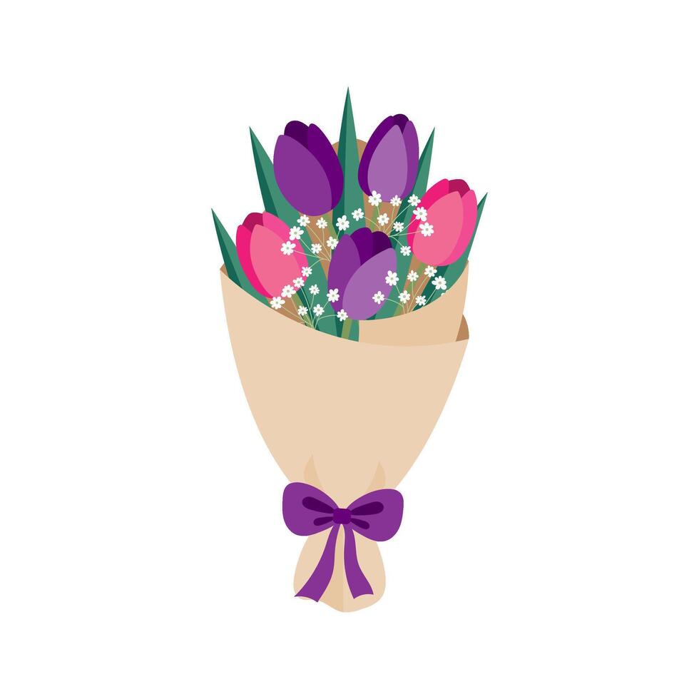 Delicate spring bouquet of tulips and gypsophila branches isolated on white background. illustration vector