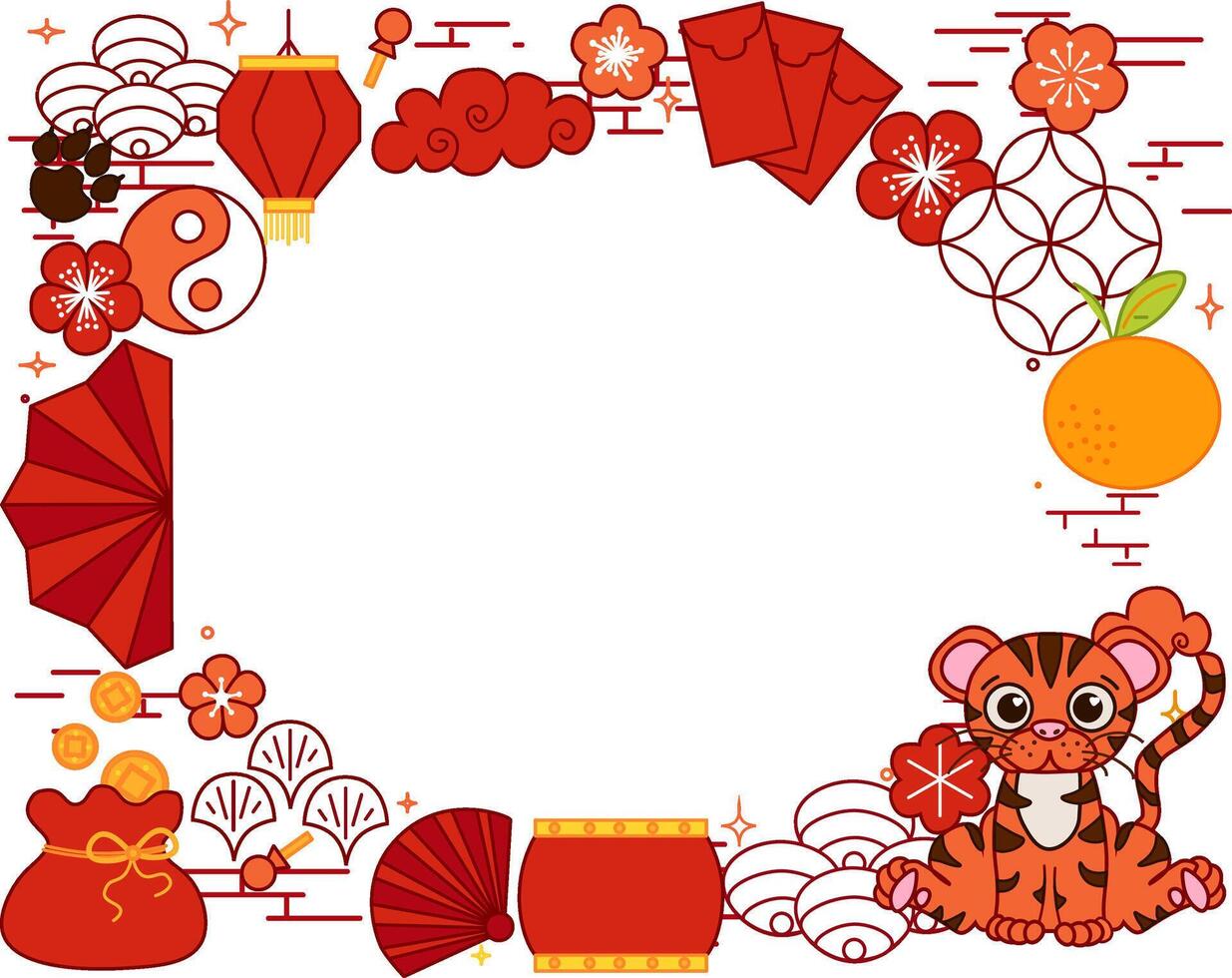 year of Tiger 2034 Chinese New Year template oval frame featuring traditional Chinese borders and a Tiger, celebrating the Year of the Tiger with festive elements. graphic line vector