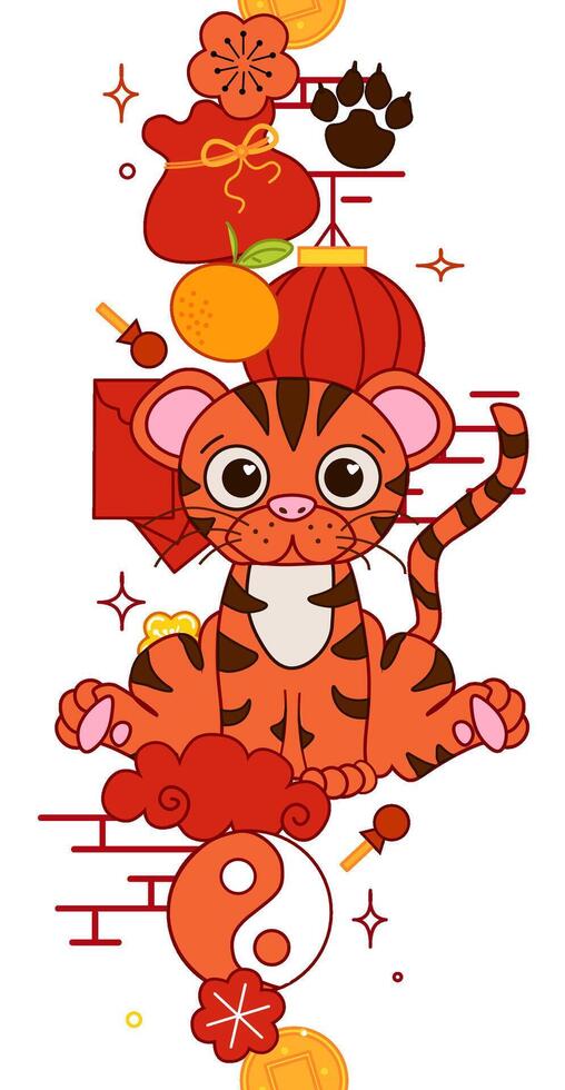 Chinese new year vertical seamless border. 2034 year of Tiger CNY lunar lantern festival mascot. Asia oriental traditional ornament, frame and border. Graphic line illustration vector