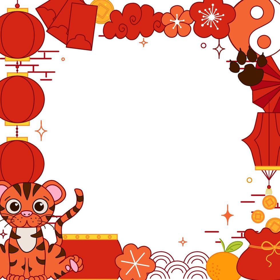 Classic Chinese elements 2034 Tiger lunar lantern festival CNY graphic line style square frame scroll board decoration vector