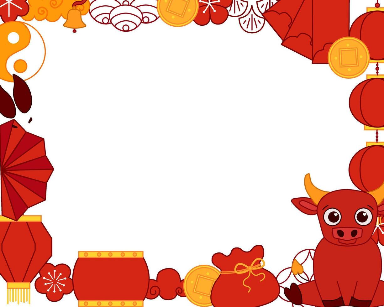 2033 Chinese new year, lunar lantern festival, year of the Bull template graphic line rectangle frame design with chinese traditional elements. vector