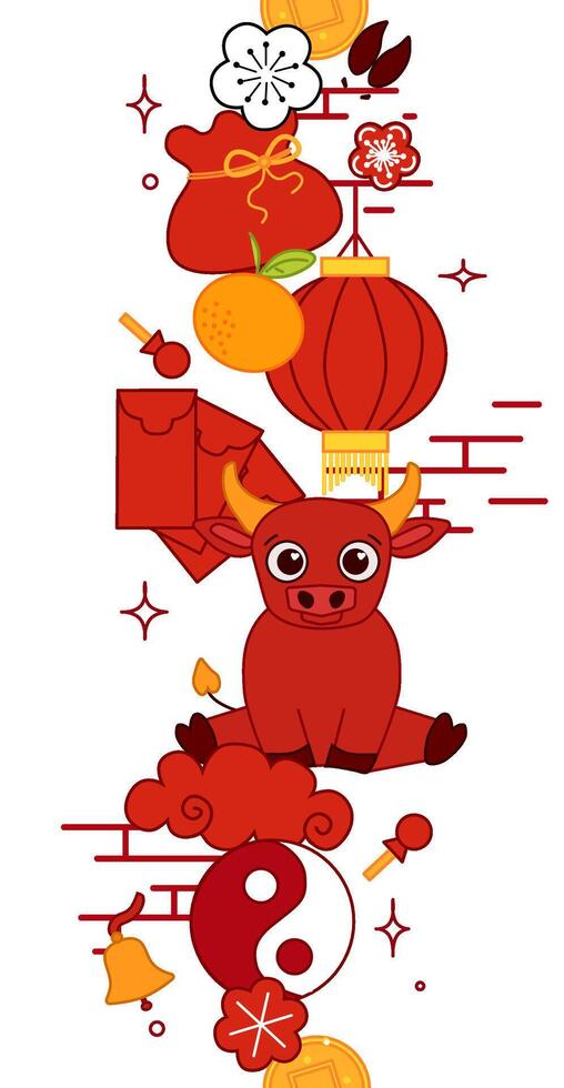 Traditional China new year elements seamless vertical border 2033 year of bull Isolated. Graphic line Illustration. Lunar New Year lantern festival Decorative Banner. vector